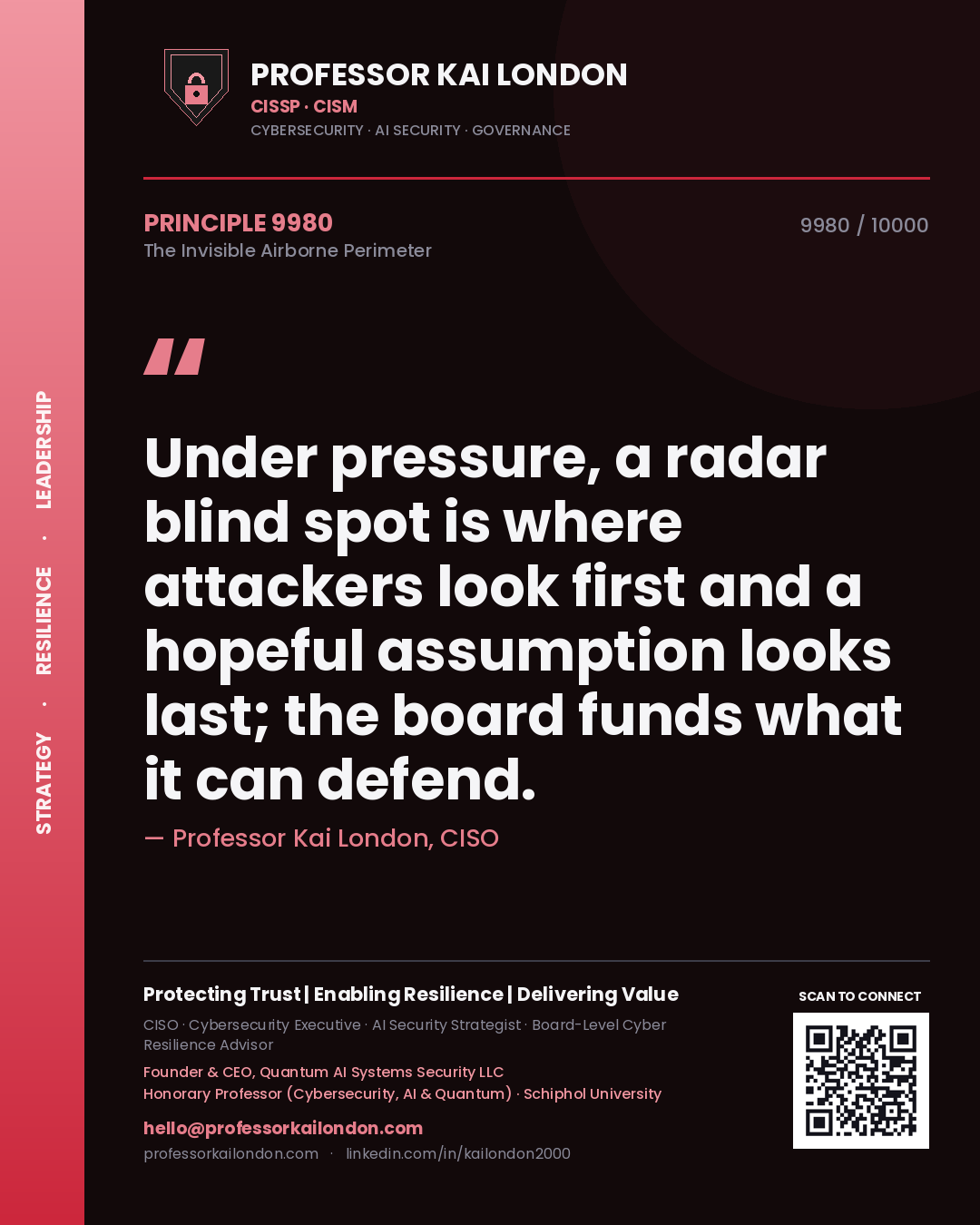 Professor Kai London principle 9980: Under pressure, a radar blind spot is where attackers look first and a hopeful assumption looks last; the board funds what it can defend.