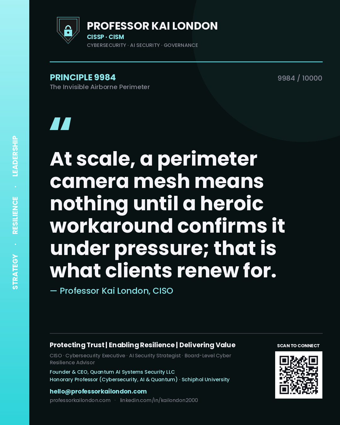 Quote card by Professor Kai London reading 'At scale, a perimeter camera mesh means nothing until a heroic workaround confirms it under pressure; that is what clients renew for.'. From the book The Invisible Airborne Perimeter.
