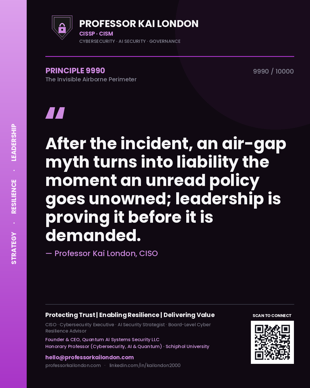 Professor Kai London principle 9990: After the incident, an air-gap myth turns into liability the moment an unread policy goes unowned; leadership is proving it before it is demanded.