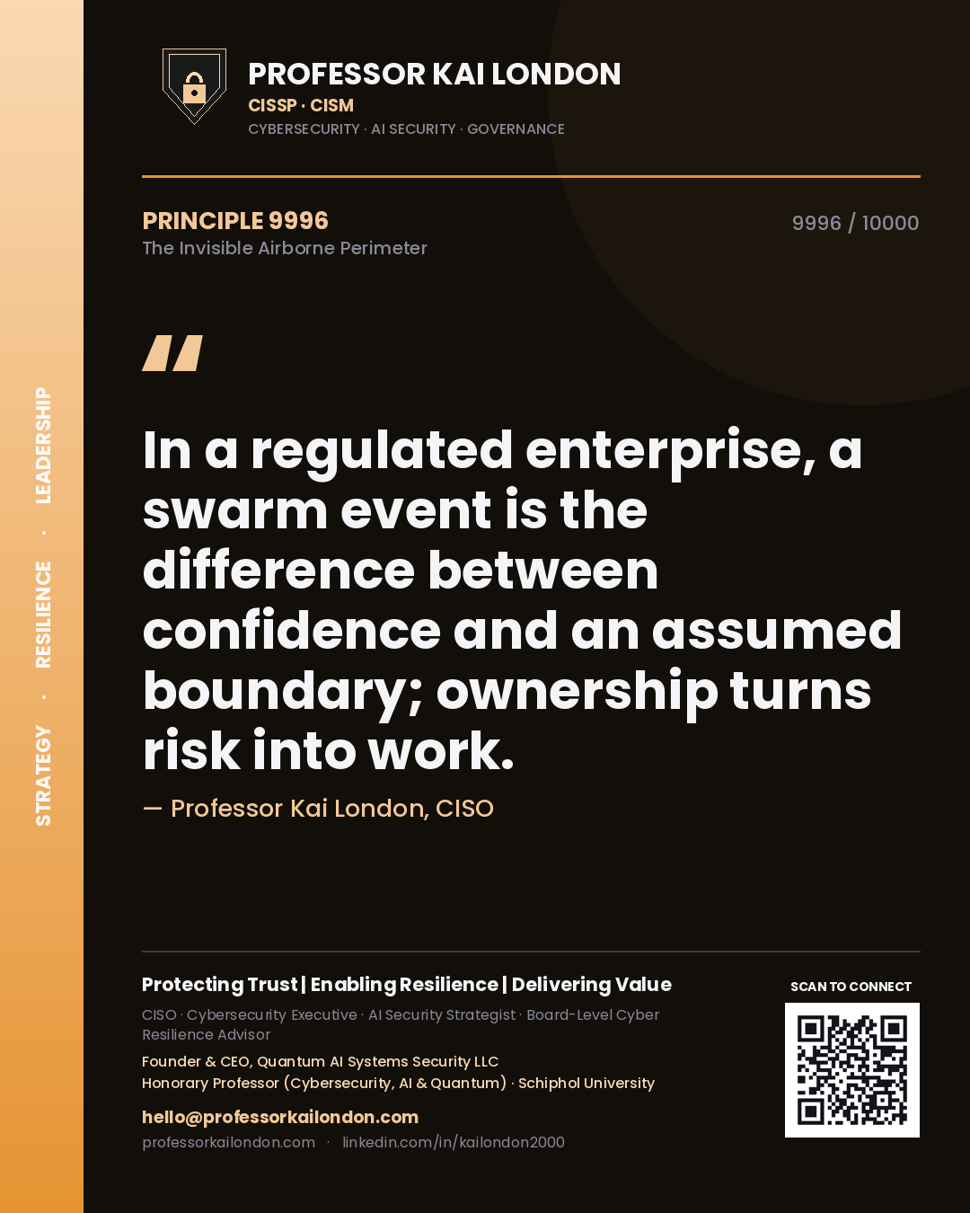Quote card by Professor Kai London reading 'In a regulated enterprise, a swarm event is the difference between confidence and an assumed boundary; ownership turns risk into work.'. From the book The Invisible Airborne Perimeter.