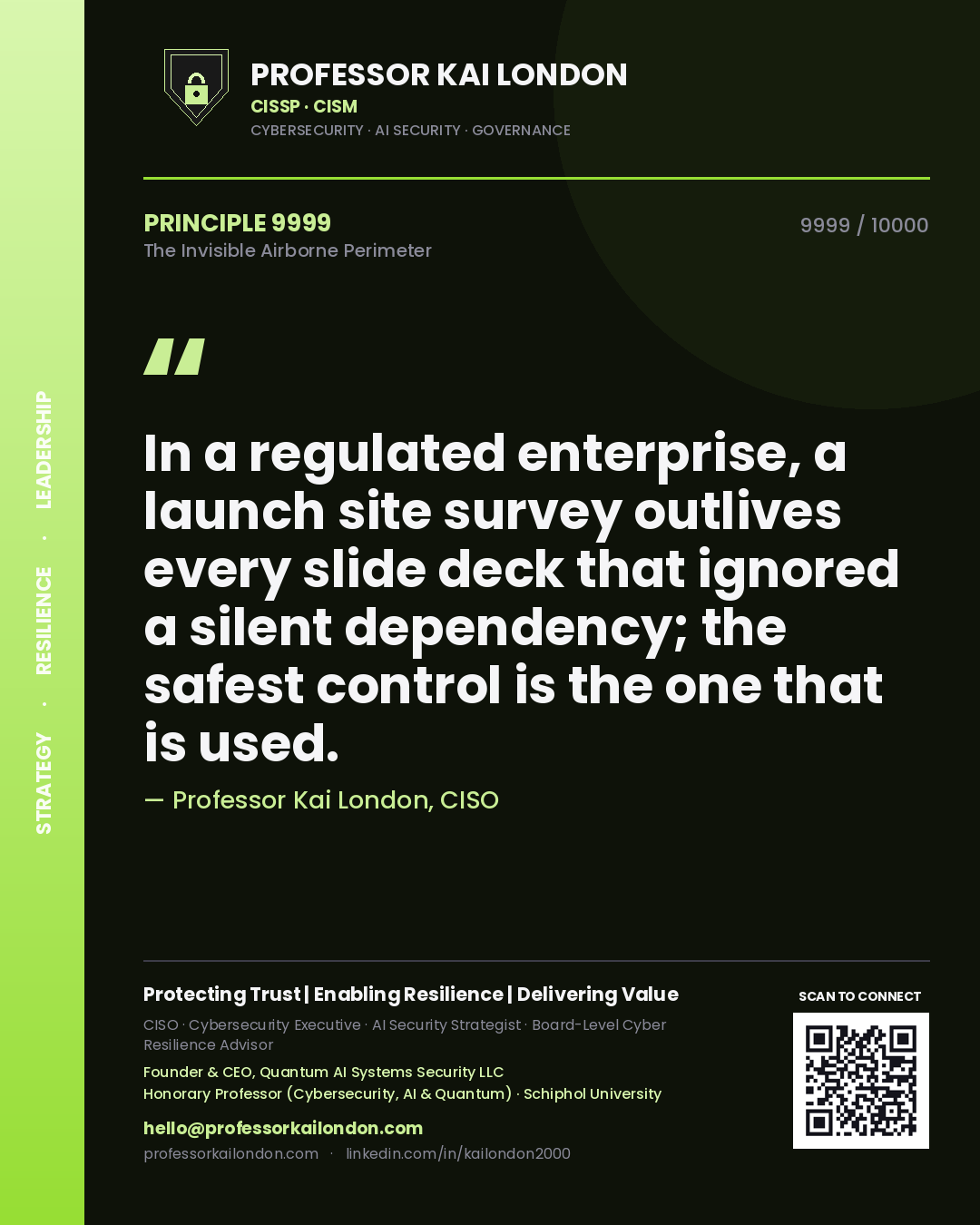 Quote card by Professor Kai London reading 'In a regulated enterprise, a launch site survey outlives every slide deck that ignored a silent dependency; the safest control is the one that is used.'. From the book The Invisible Airborne Perimeter.