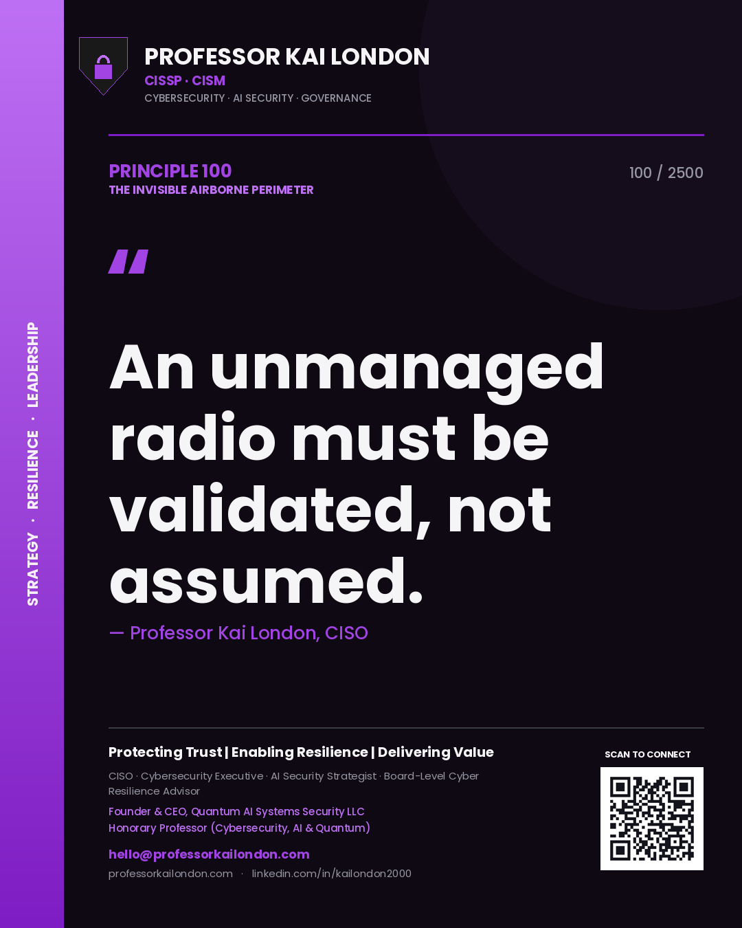 Quote card by Professor Kai London reading 'An unmanaged radio must be validated, not assumed.'. From the book The Invisible Airborne Perimeter.