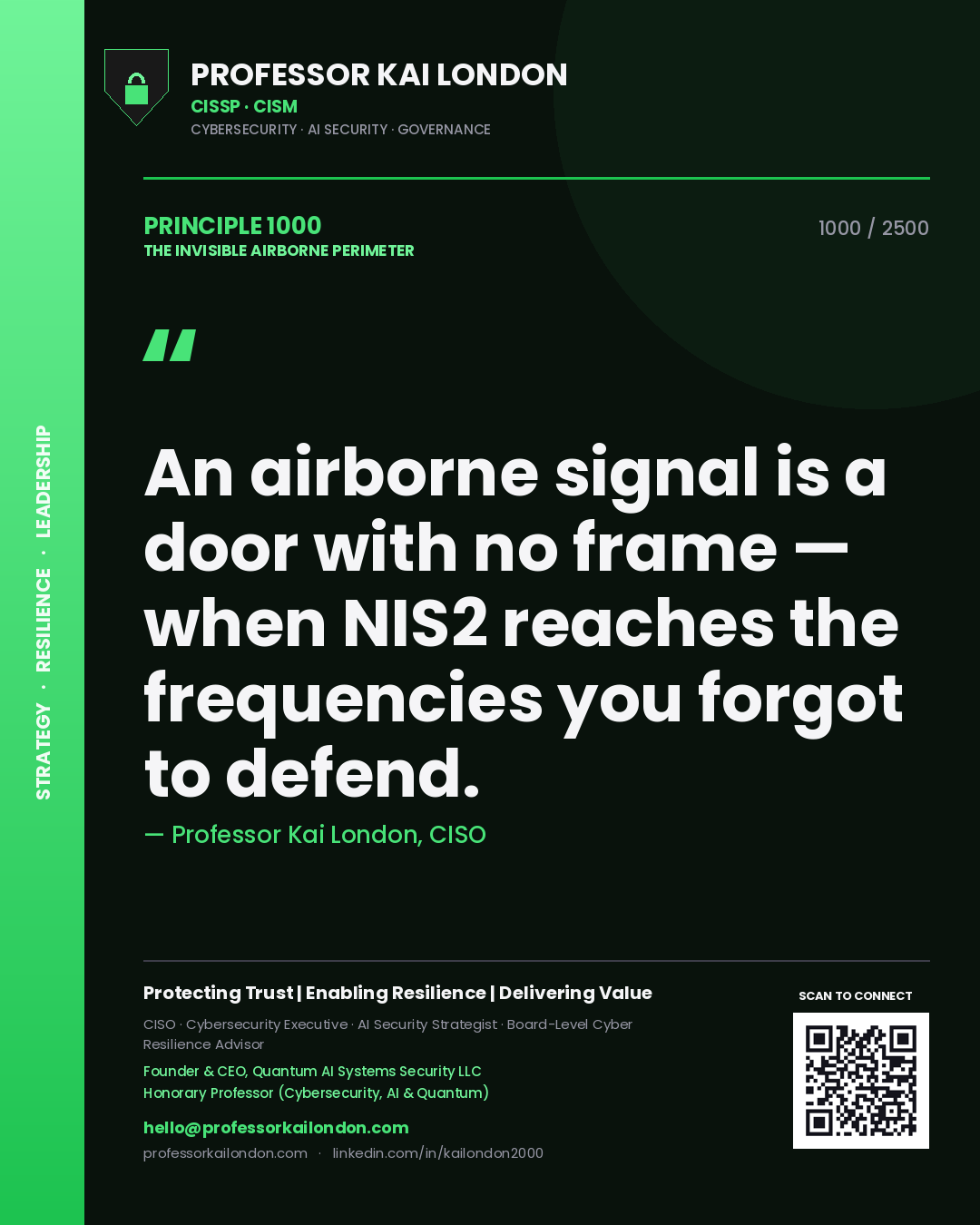 Professor Kai London principle 1000: An airborne signal is a door with no frame — when NIS2 reaches the frequencies you forgot to defend.