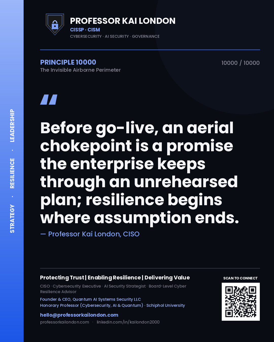 Quote card by Professor Kai London reading 'Before go-live, an aerial chokepoint is a promise the enterprise keeps through an unrehearsed plan; resilience begins where assumption ends.'. From the book The Invisible Airborne Perimeter.