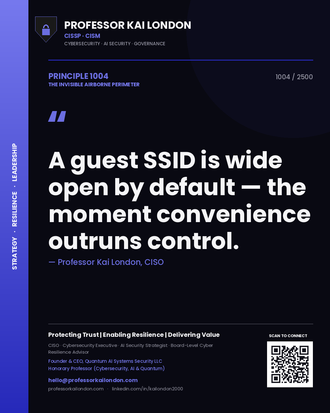 Quote card by Professor Kai London reading 'A guest SSID is wide open by default — the moment convenience outruns control.'. From the book The Invisible Airborne Perimeter.