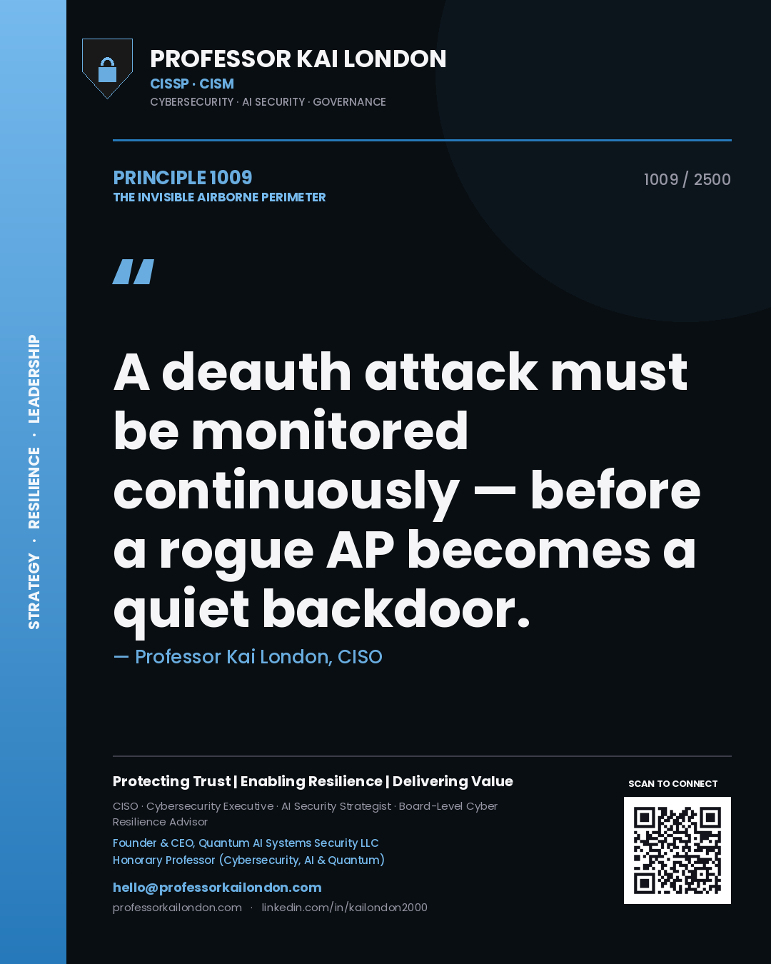 Professor Kai London principle 1009: A deauth attack must be monitored continuously — before a rogue AP becomes a quiet backdoor.