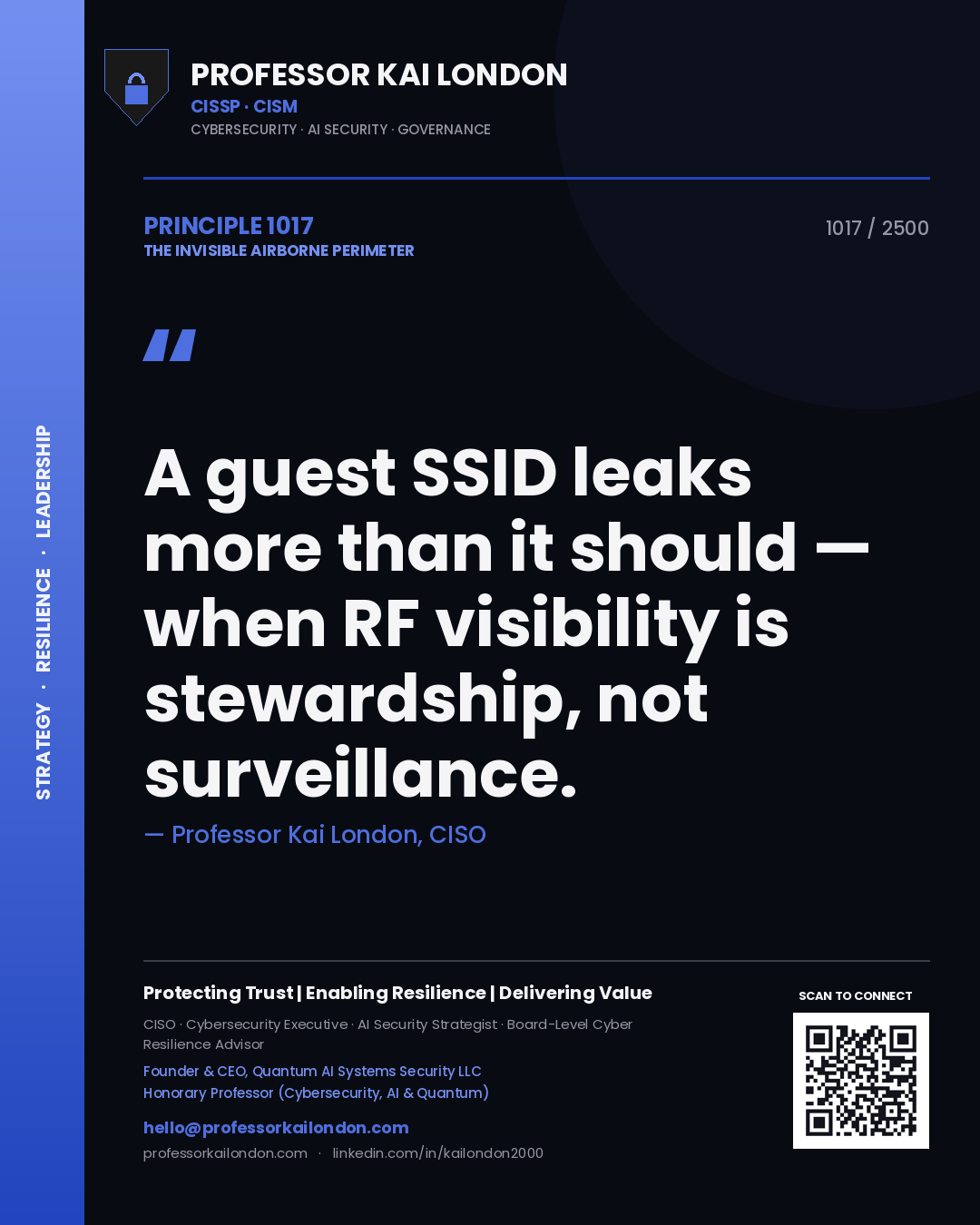 Quote card by Professor Kai London reading 'A guest SSID leaks more than it should — when RF visibility is stewardship, not surveillance.'. From the book The Invisible Airborne Perimeter.