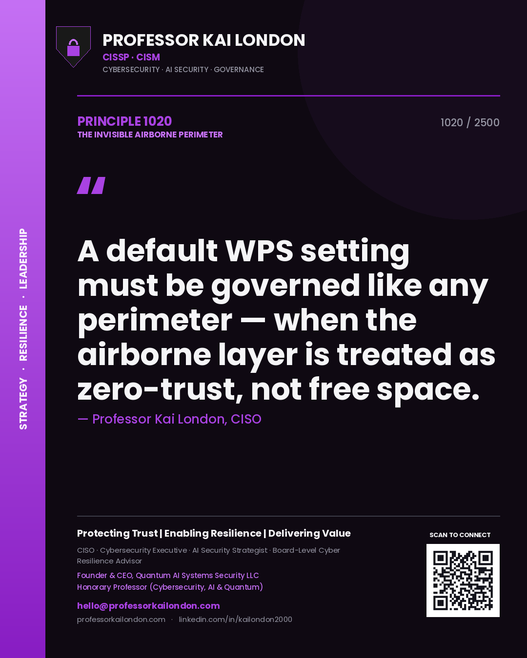 Professor Kai London principle 1020: A default WPS setting must be governed like any perimeter — when the airborne layer is treated as zero-trust, not free space.