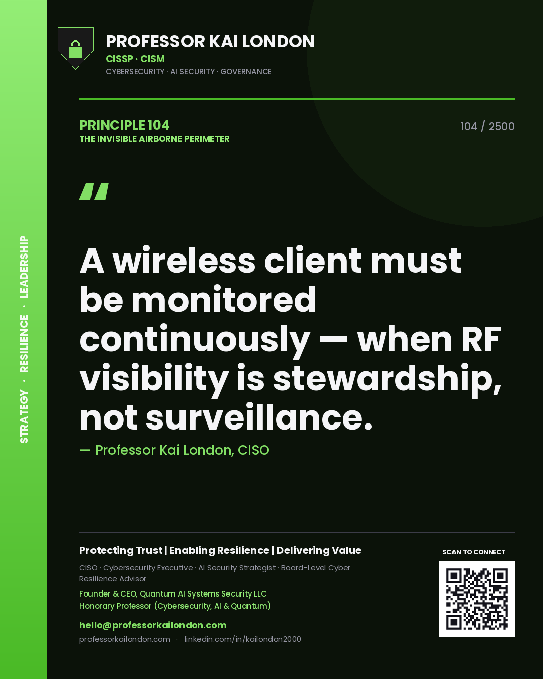 Quote card by Professor Kai London reading 'A wireless client must be monitored continuously — when RF visibility is stewardship, not surveillance.'. From the book The Invisible Airborne Perimeter.