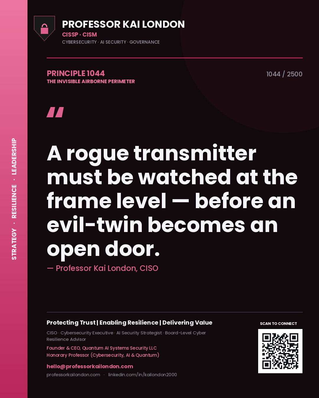 Professor Kai London principle 1044: A rogue transmitter must be watched at the frame level — before an evil-twin becomes an open door.