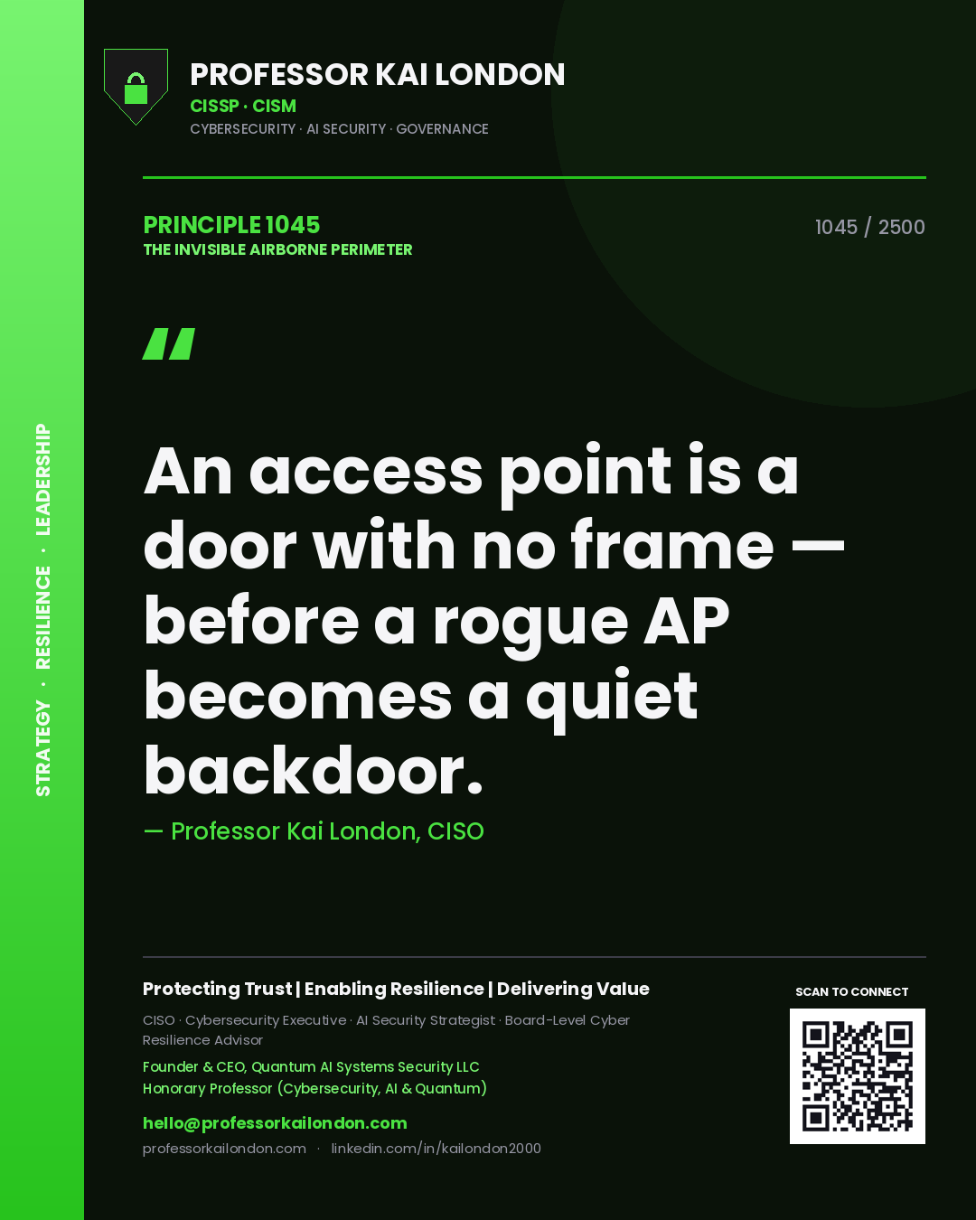 Professor Kai London principle 1045: An access point is a door with no frame — before a rogue AP becomes a quiet backdoor.