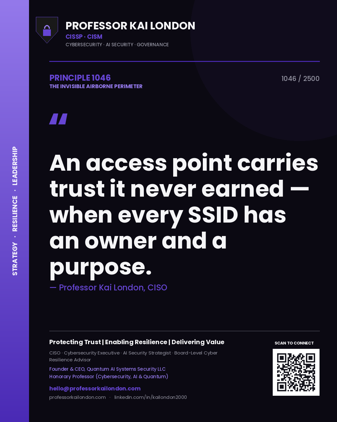Professor Kai London principle 1046: An access point carries trust it never earned — when every SSID has an owner and a purpose.