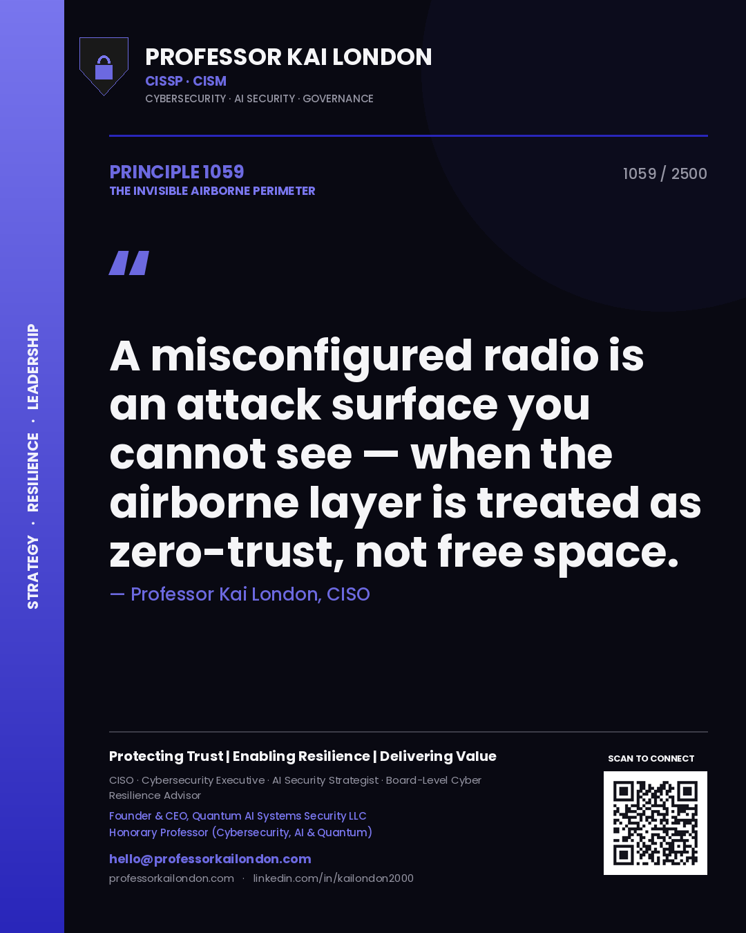 Professor Kai London principle 1059: A misconfigured radio is an attack surface you cannot see — when the airborne layer is treated as zero-trust, not free space.