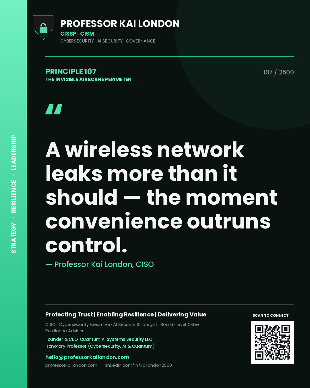 Quote card by Professor Kai London reading 'A wireless network leaks more than it should — the moment convenience outruns control.'. From the book The Invisible Airborne Perimeter.