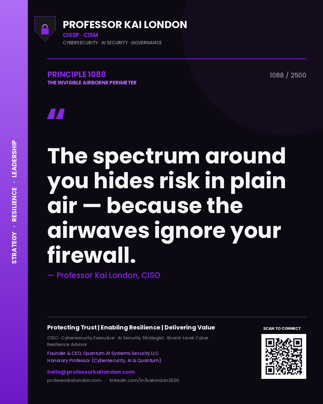 Quote card by Professor Kai London reading 'The spectrum around you hides risk in plain air — because the airwaves ignore your firewall.'. From the book The Invisible Airborne Perimeter.