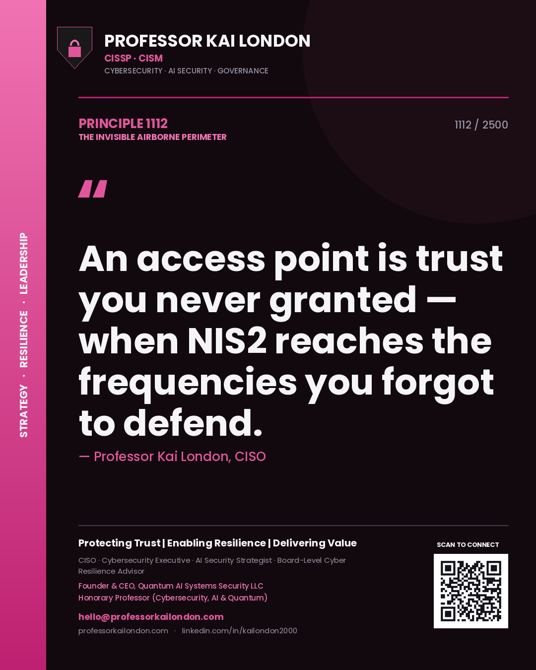 Quote card by Professor Kai London reading 'An access point is trust you never granted — when NIS2 reaches the frequencies you forgot to defend.'. From the book The Invisible Airborne Perimeter.