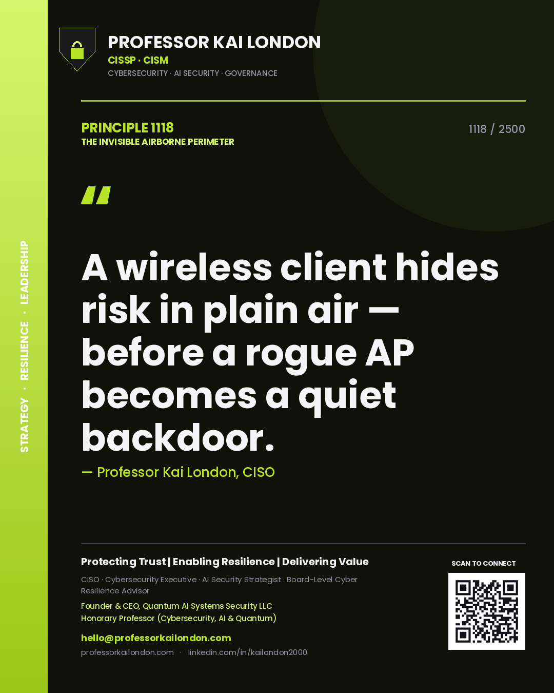 Quote card by Professor Kai London reading 'A wireless client hides risk in plain air — before a rogue AP becomes a quiet backdoor.'. From the book The Invisible Airborne Perimeter.
