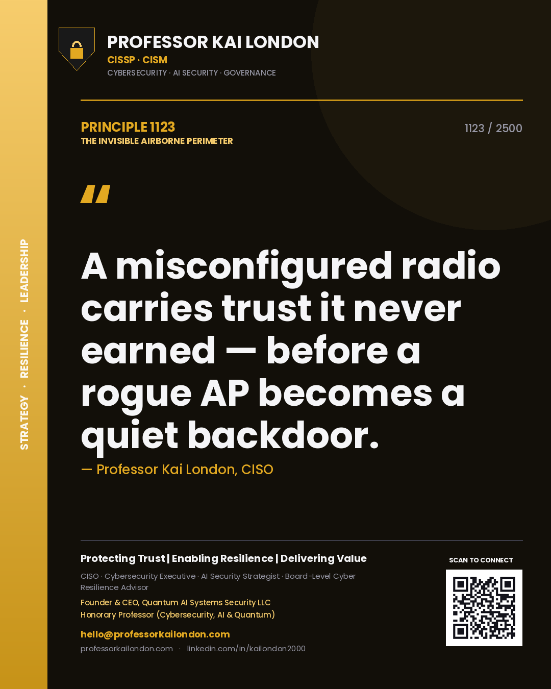 Professor Kai London principle 1123: A misconfigured radio carries trust it never earned — before a rogue AP becomes a quiet backdoor.