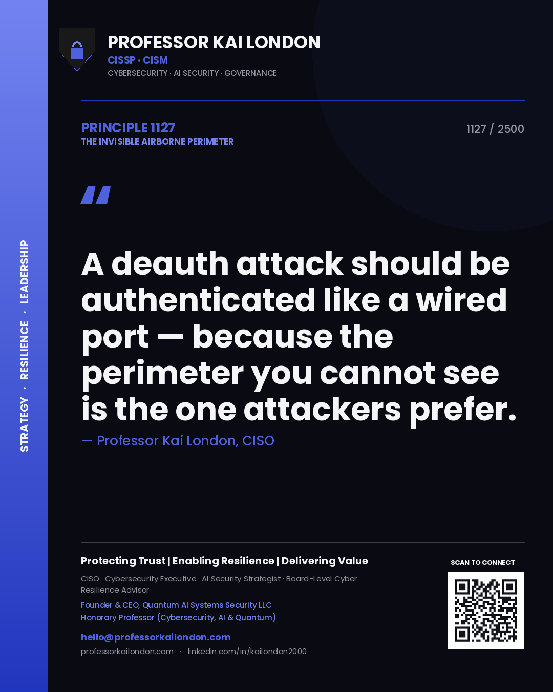 Quote card by Professor Kai London reading 'A deauth attack should be authenticated like a wired port — because the perimeter you cannot see is the one attackers prefer.'. From the book The Invisible Airborne Perimeter.