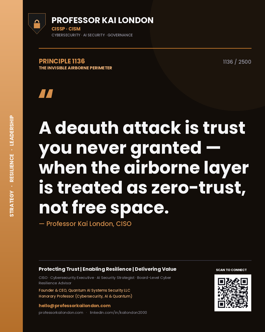 Professor Kai London principle 1136: A deauth attack is trust you never granted — when the airborne layer is treated as zero-trust, not free space.