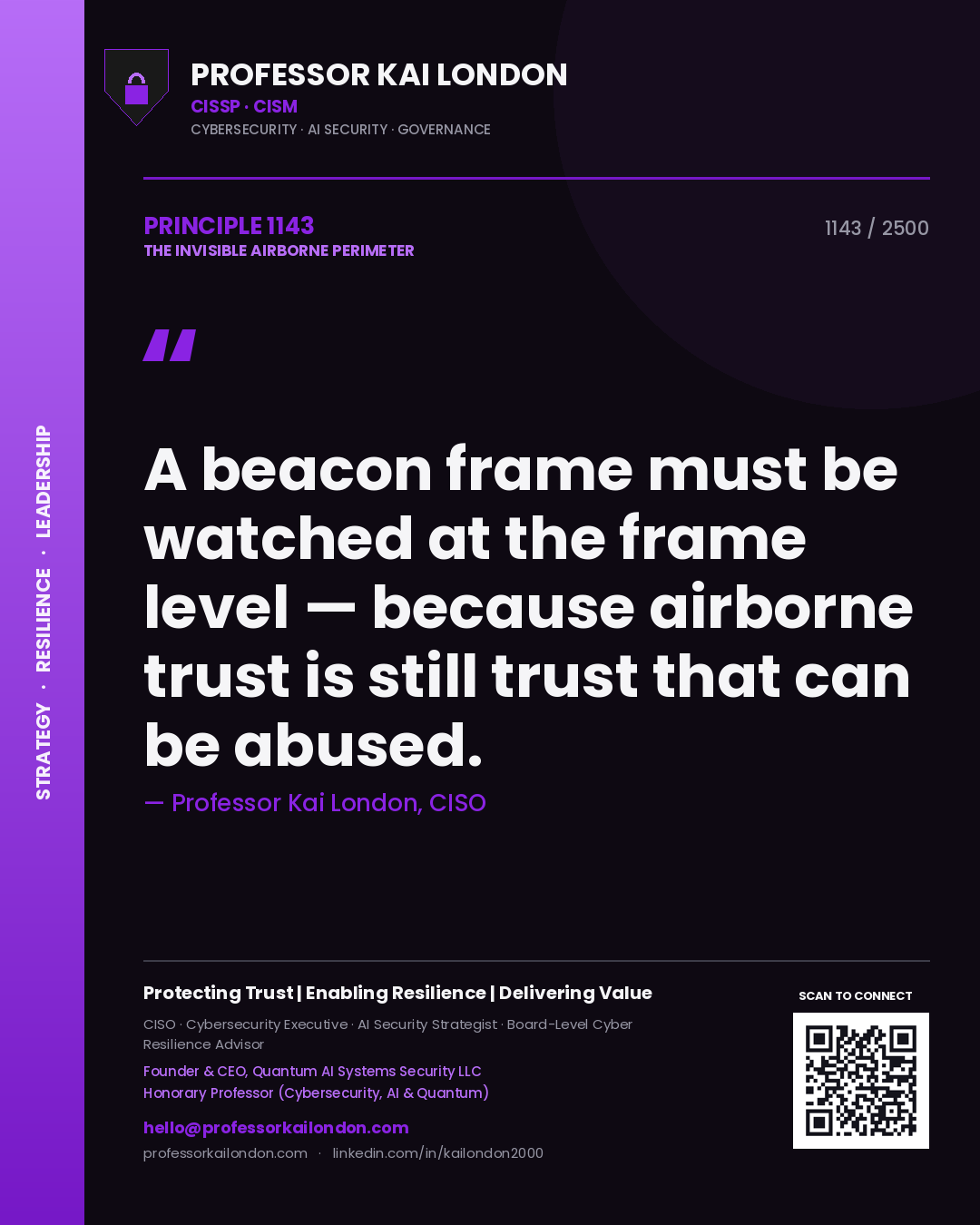 Quote card by Professor Kai London reading 'A beacon frame must be watched at the frame level — because airborne trust is still trust that can be abused.'. From the book The Invisible Airborne Perimeter.