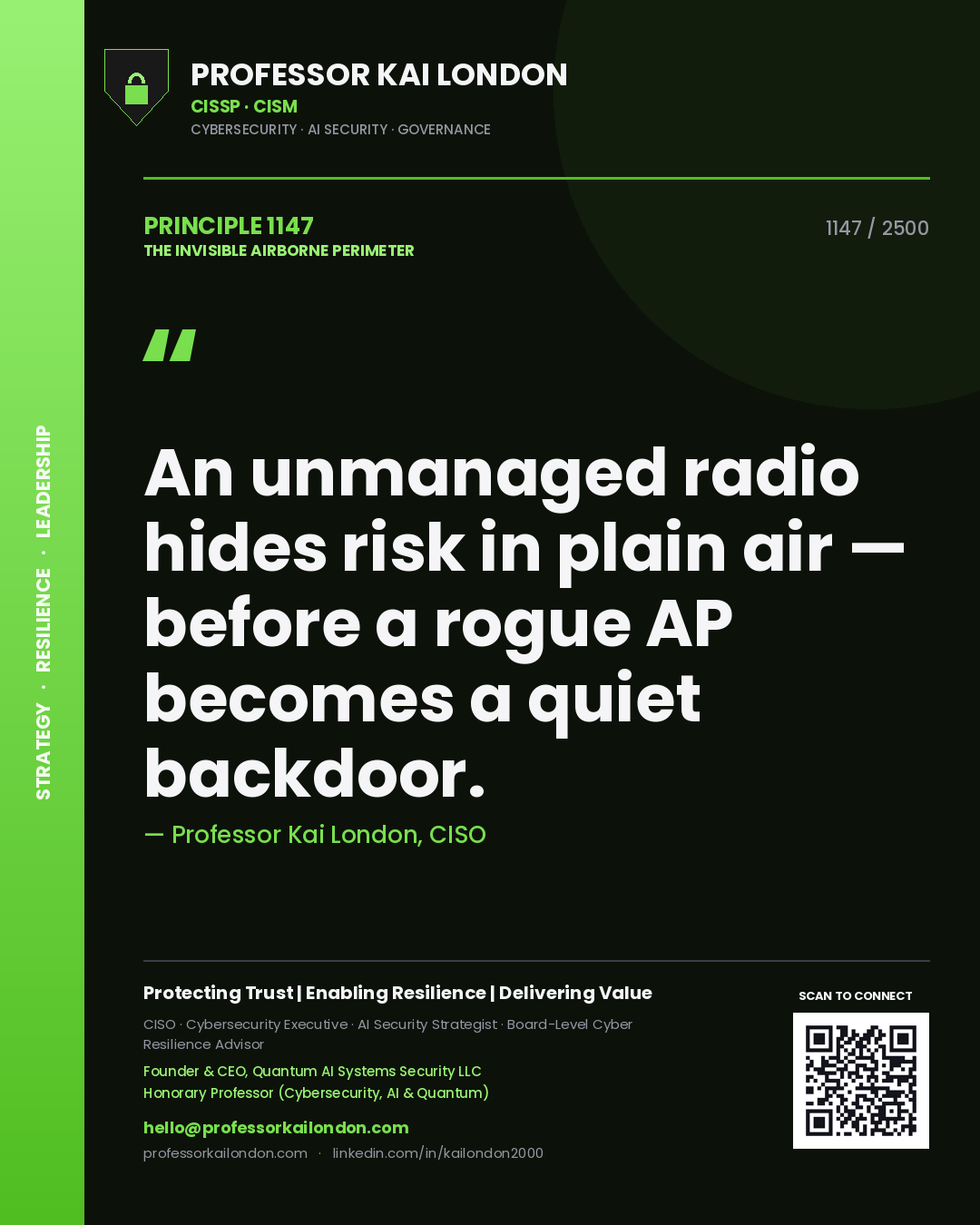 Professor Kai London principle 1147: An unmanaged radio hides risk in plain air — before a rogue AP becomes a quiet backdoor.