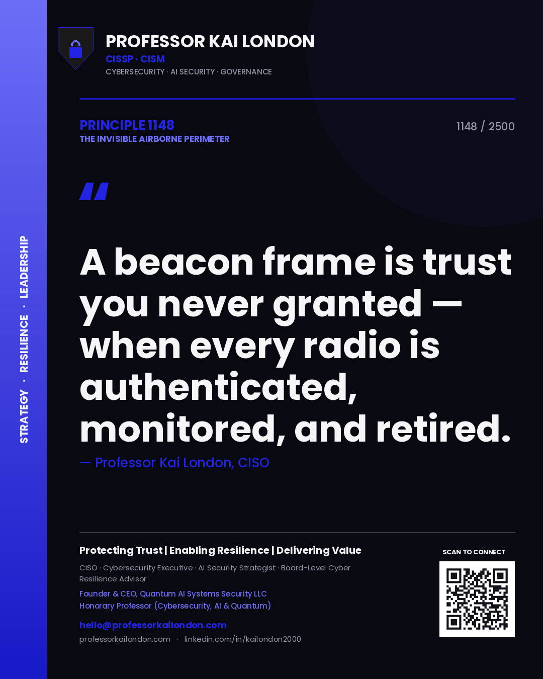 Professor Kai London principle 1148: A beacon frame is trust you never granted — when every radio is authenticated, monitored, and retired.