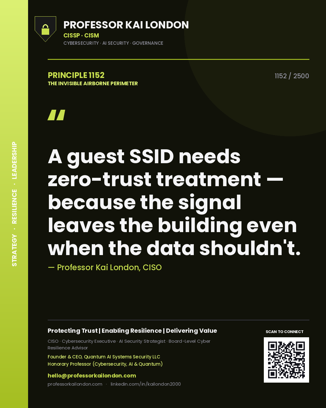 Professor Kai London principle 1152: A guest SSID needs zero-trust treatment — because the signal leaves the building even when the data shouldn't.