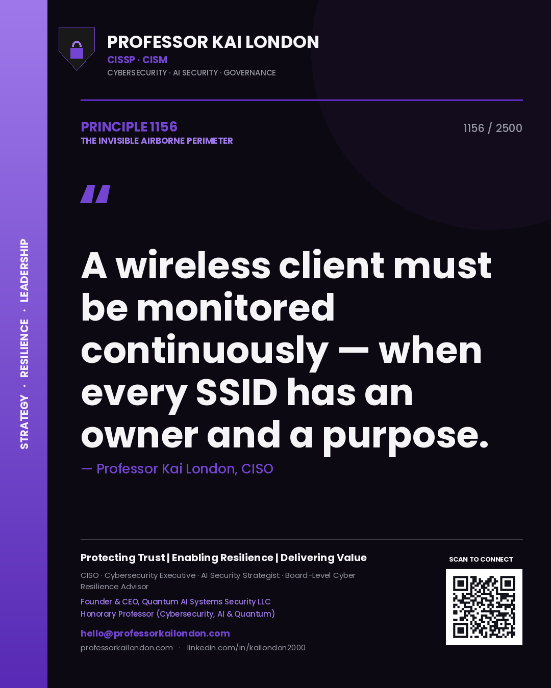 Quote card by Professor Kai London reading 'A wireless client must be monitored continuously — when every SSID has an owner and a purpose.'. From the book The Invisible Airborne Perimeter.