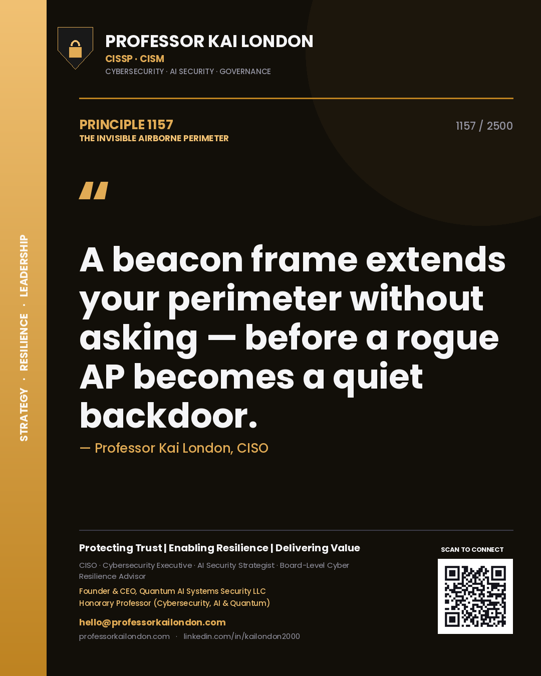 Quote card by Professor Kai London reading 'A beacon frame extends your perimeter without asking — before a rogue AP becomes a quiet backdoor.'. From the book The Invisible Airborne Perimeter.