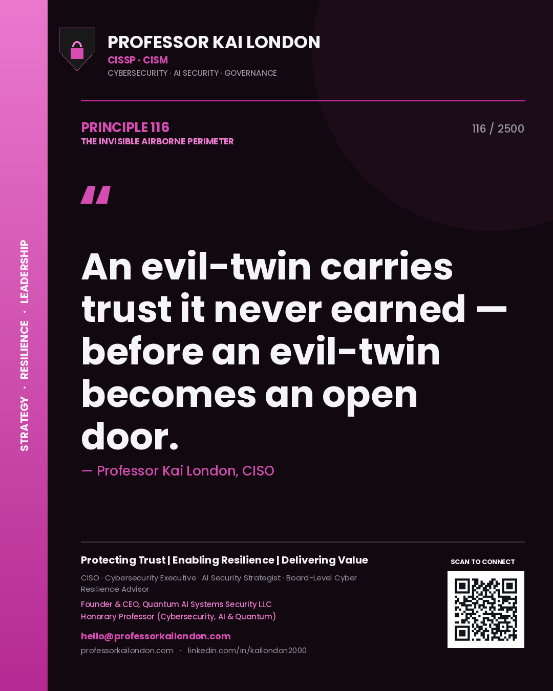 Quote card by Professor Kai London reading 'An evil-twin carries trust it never earned — before an evil-twin becomes an open door.'. From the book The Invisible Airborne Perimeter.