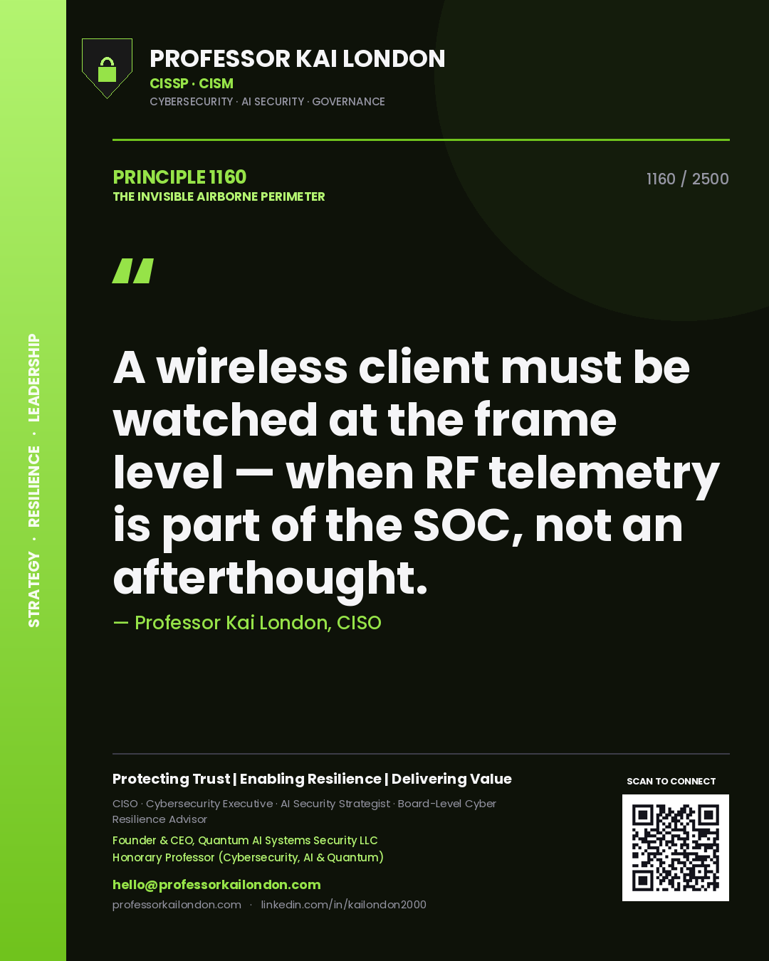 Professor Kai London principle 1160: A wireless client must be watched at the frame level — when RF telemetry is part of the SOC, not an afterthought.