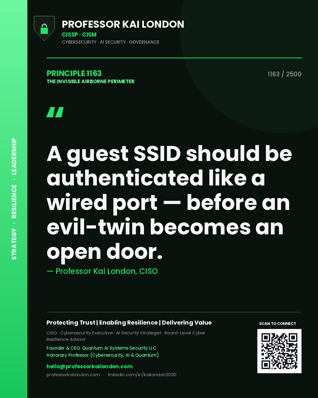 Professor Kai London principle 1163: A guest SSID should be authenticated like a wired port — before an evil-twin becomes an open door.