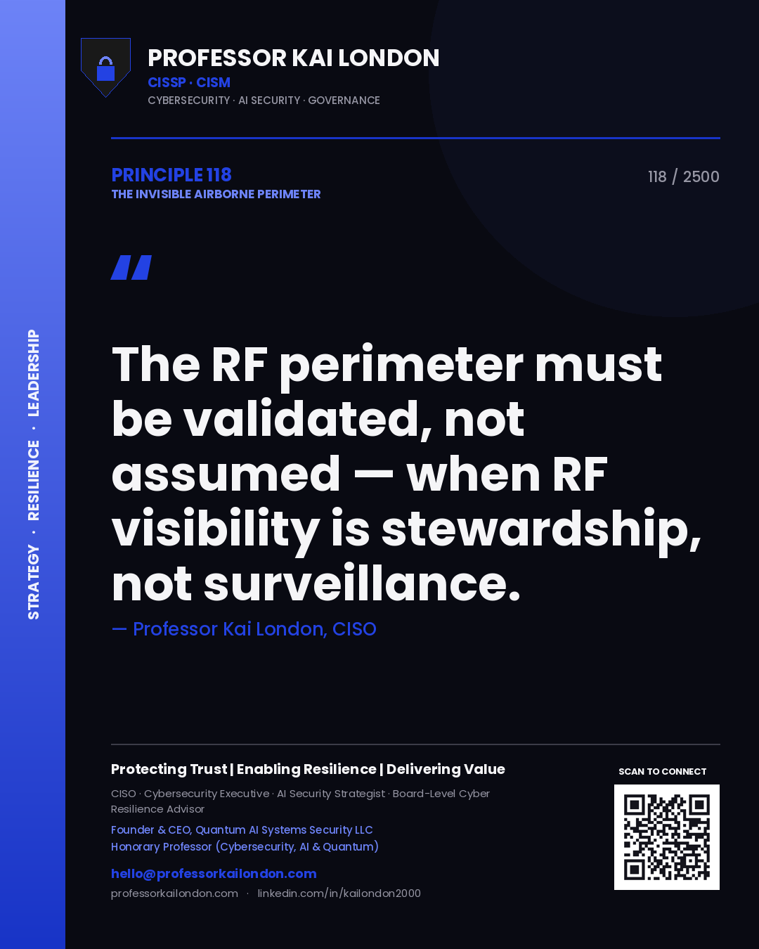 Quote card by Professor Kai London reading 'The RF perimeter must be validated, not assumed — when RF visibility is stewardship, not surveillance.'. From the book The Invisible Airborne Perimeter.