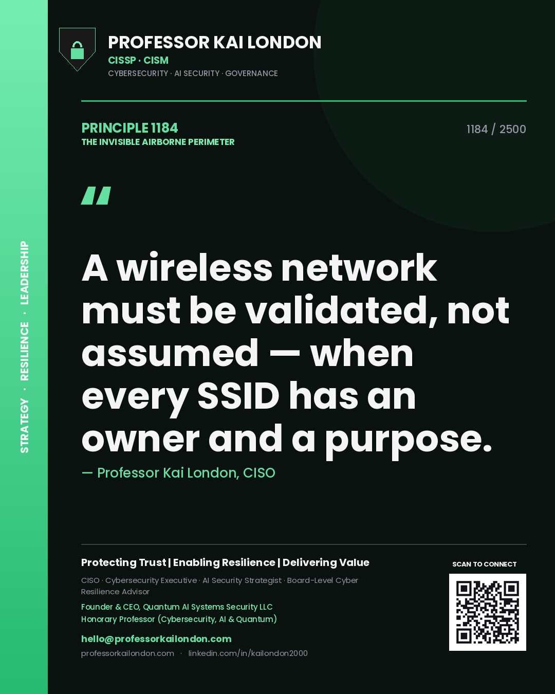 Professor Kai London principle 1184: A wireless network must be validated, not assumed — when every SSID has an owner and a purpose.