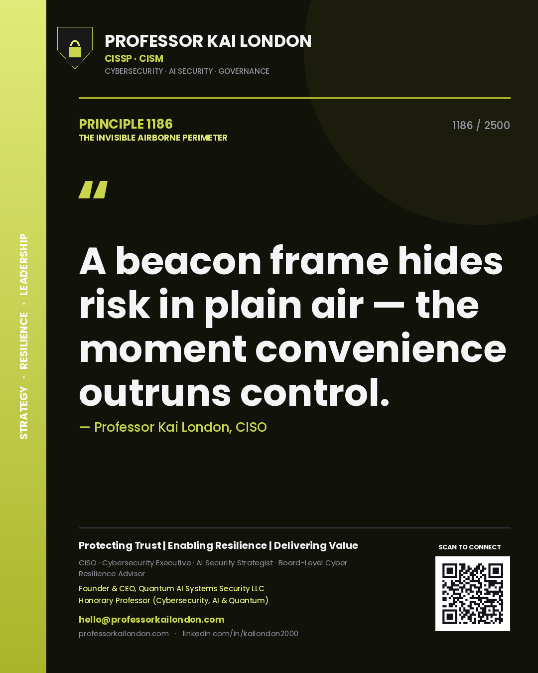 Professor Kai London principle 1186: A beacon frame hides risk in plain air — the moment convenience outruns control.