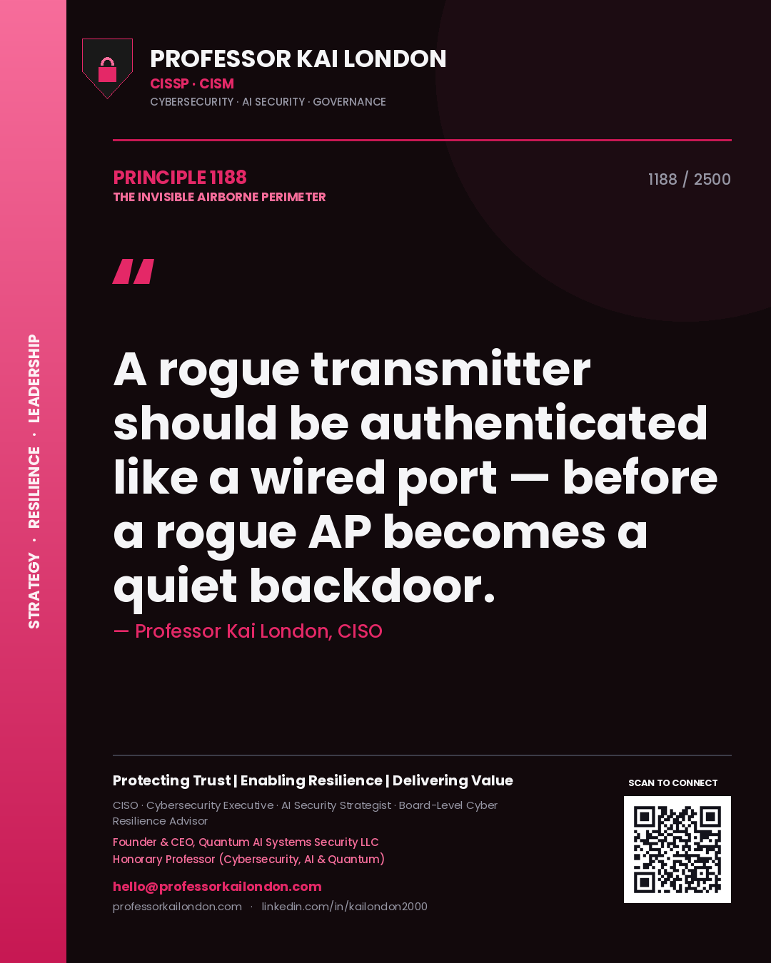 Quote card by Professor Kai London reading 'A rogue transmitter should be authenticated like a wired port — before a rogue AP becomes a quiet backdoor.'. From the book The Invisible Airborne Perimeter.