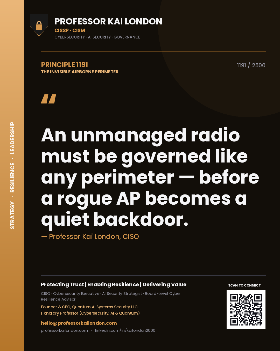 Quote card by Professor Kai London reading 'An unmanaged radio must be governed like any perimeter — before a rogue AP becomes a quiet backdoor.'. From the book The Invisible Airborne Perimeter.
