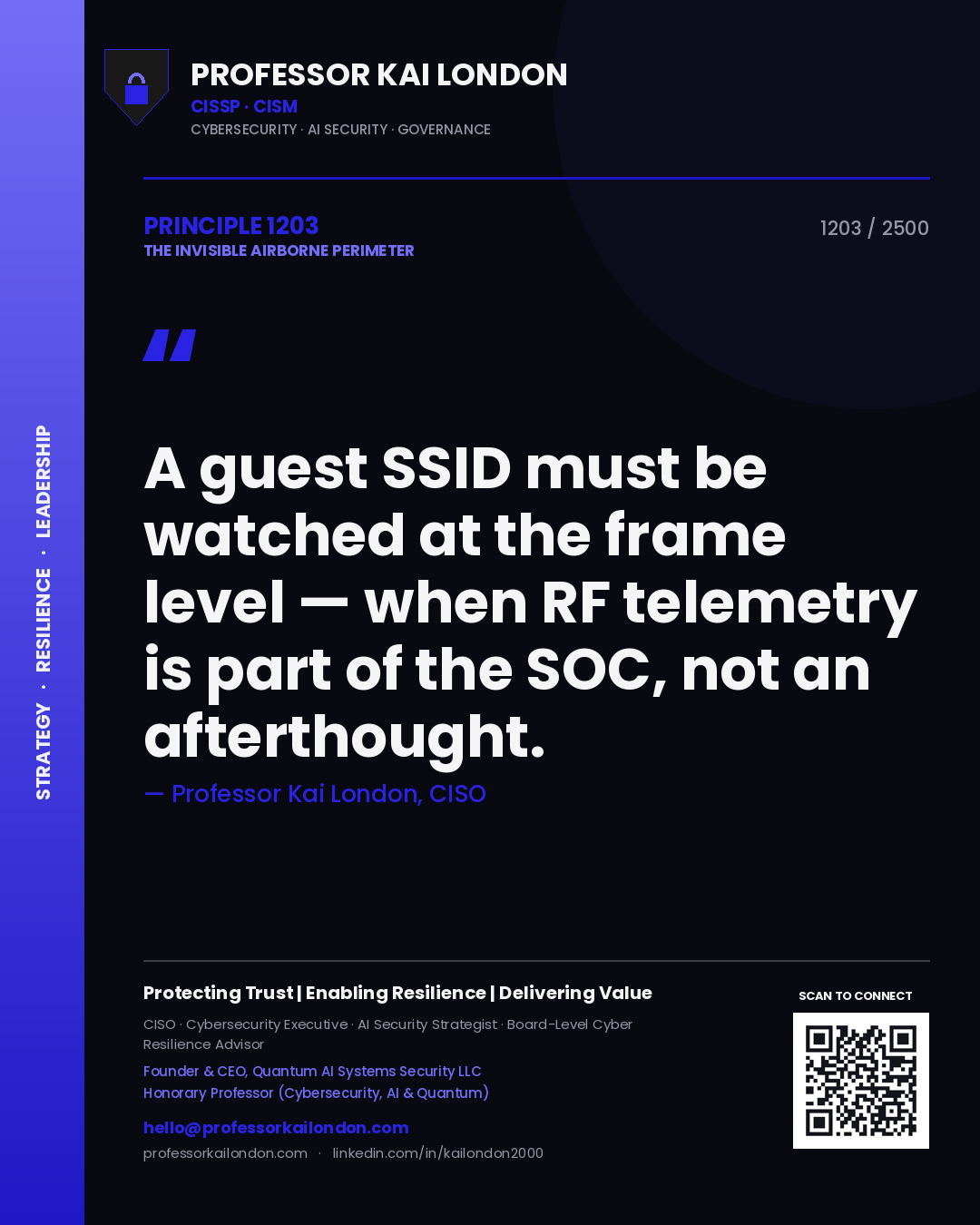 Quote card by Professor Kai London reading 'A guest SSID must be watched at the frame level — when RF telemetry is part of the SOC, not an afterthought.'. From the book The Invisible Airborne Perimeter.