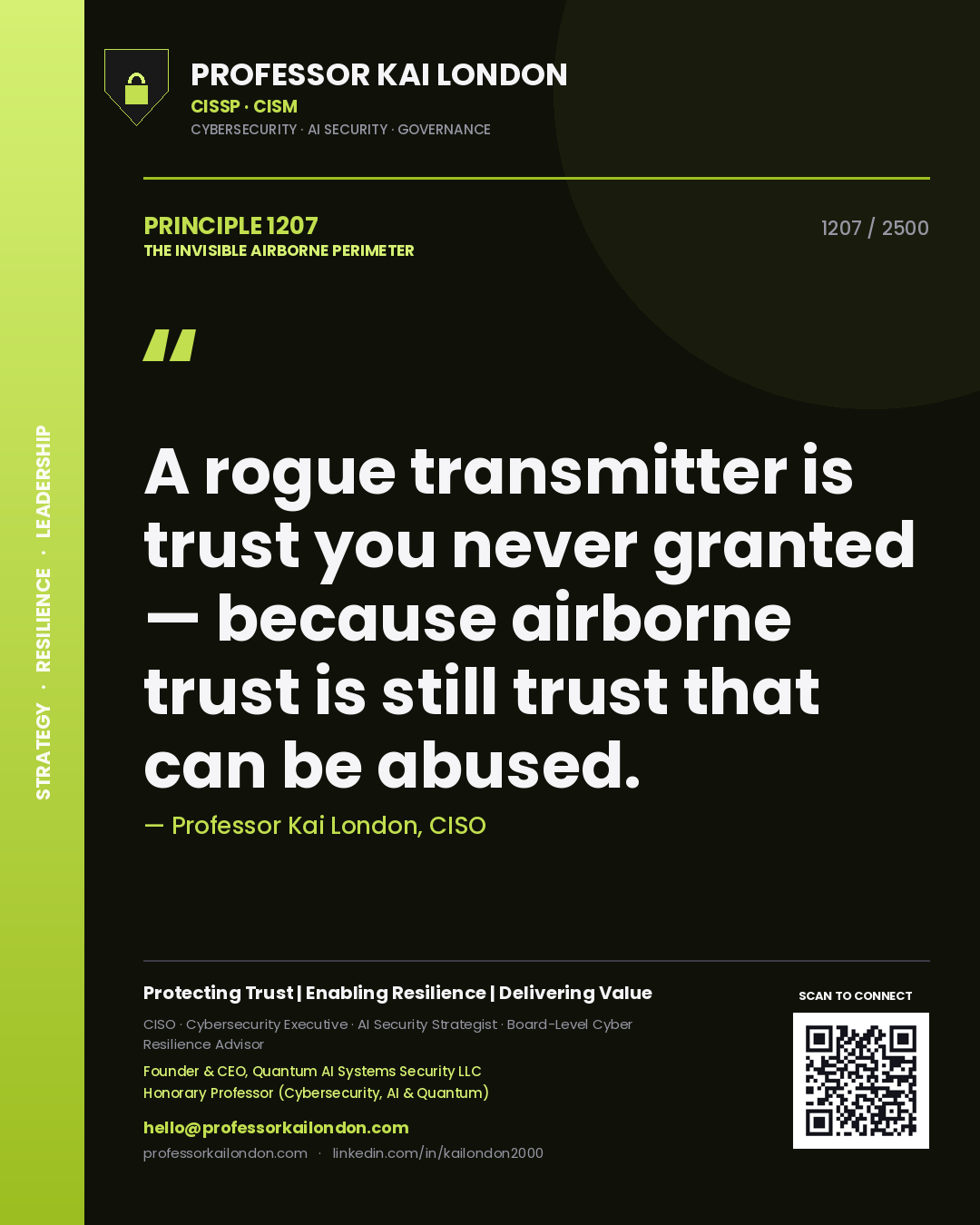 Quote card by Professor Kai London reading 'A rogue transmitter is trust you never granted — because airborne trust is still trust that can be abused.'. From the book The Invisible Airborne Perimeter.