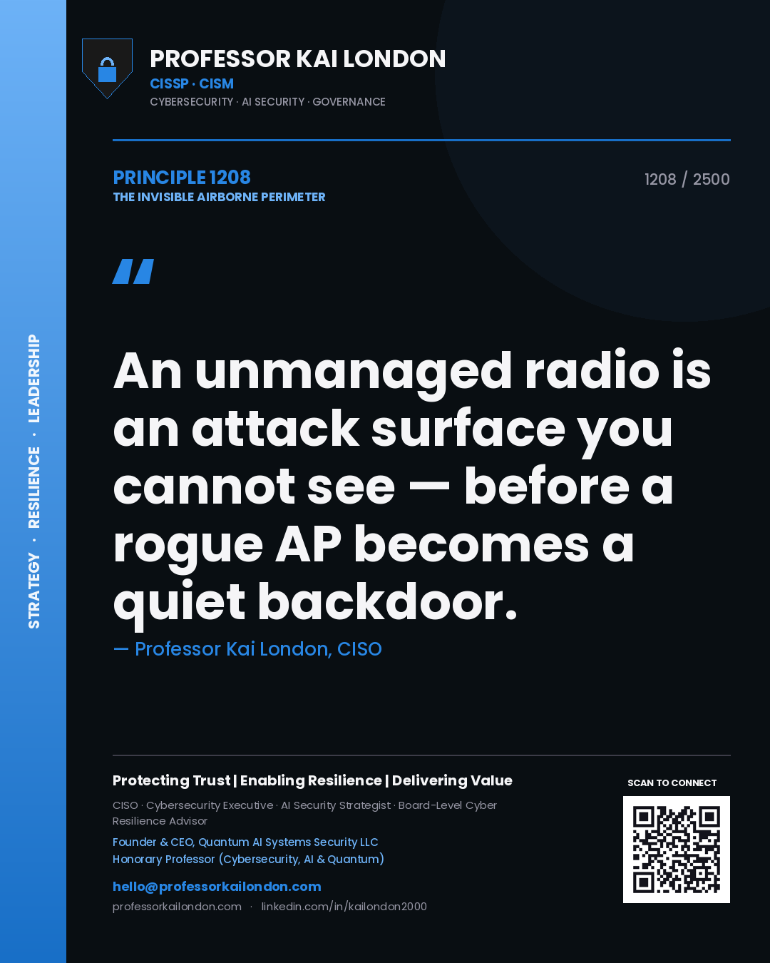 Quote card by Professor Kai London reading 'An unmanaged radio is an attack surface you cannot see — before a rogue AP becomes a quiet backdoor.'. From the book The Invisible Airborne Perimeter.