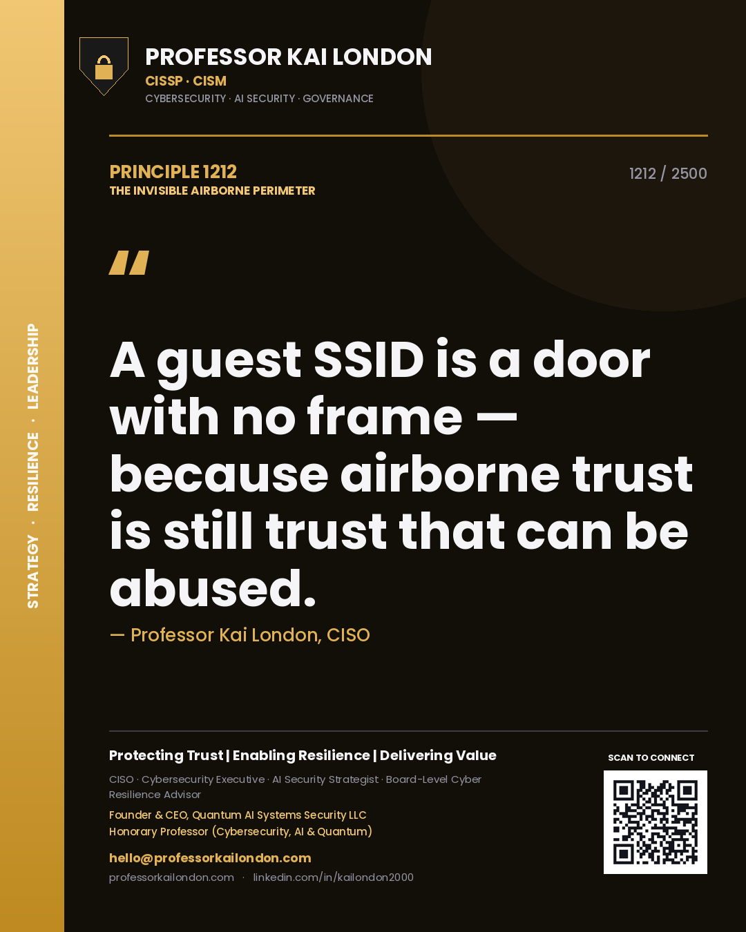 Quote card by Professor Kai London reading 'A guest SSID is a door with no frame — because airborne trust is still trust that can be abused.'. From the book The Invisible Airborne Perimeter.