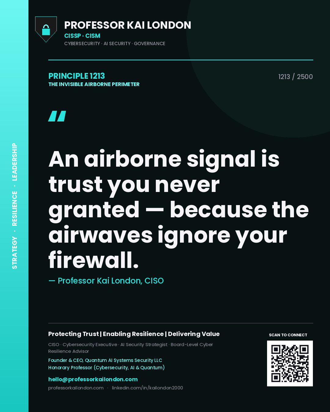 Quote card by Professor Kai London reading 'An airborne signal is trust you never granted — because the airwaves ignore your firewall.'. From the book The Invisible Airborne Perimeter.