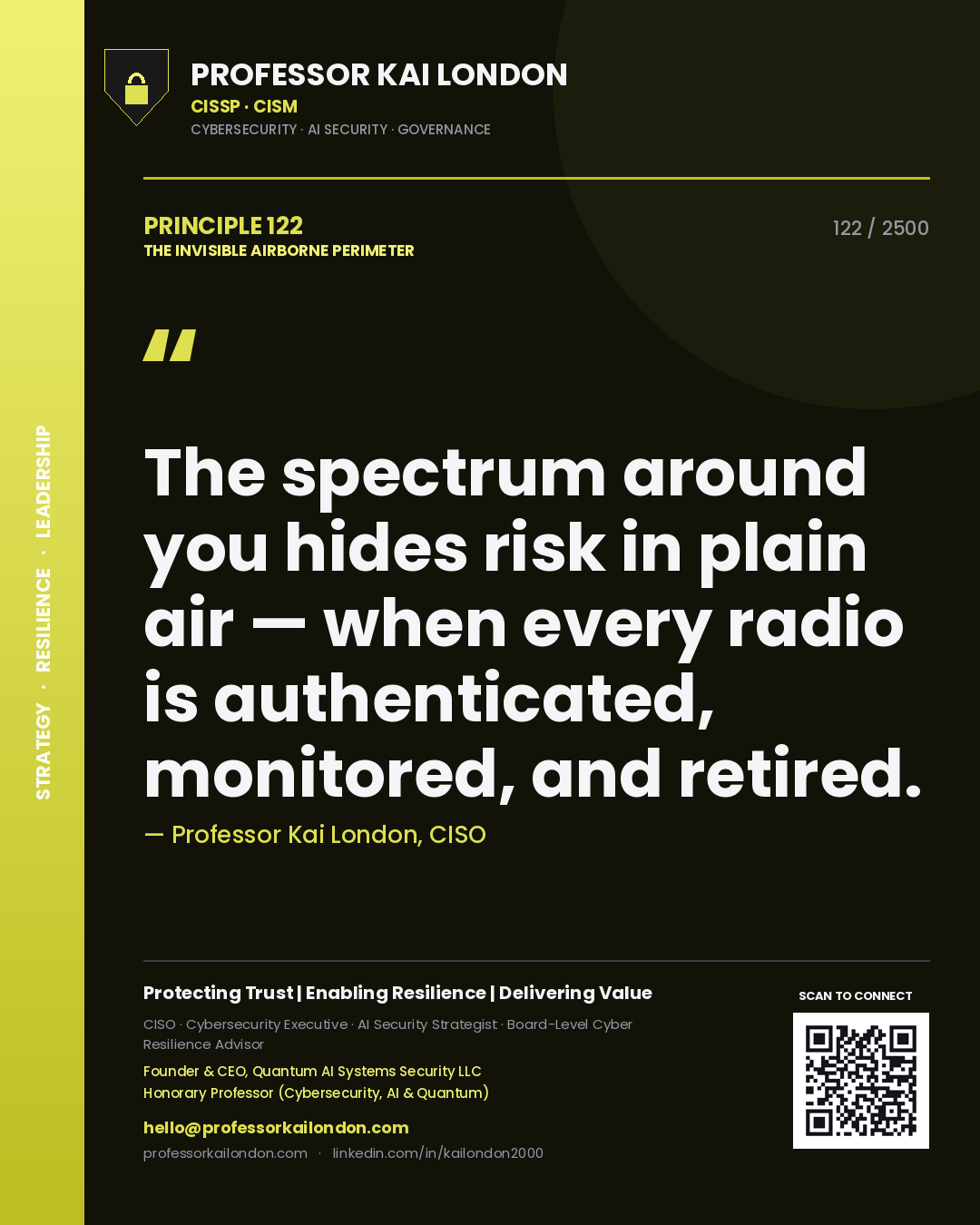 Professor Kai London principle 122: The spectrum around you hides risk in plain air — when every radio is authenticated, monitored, and retired.