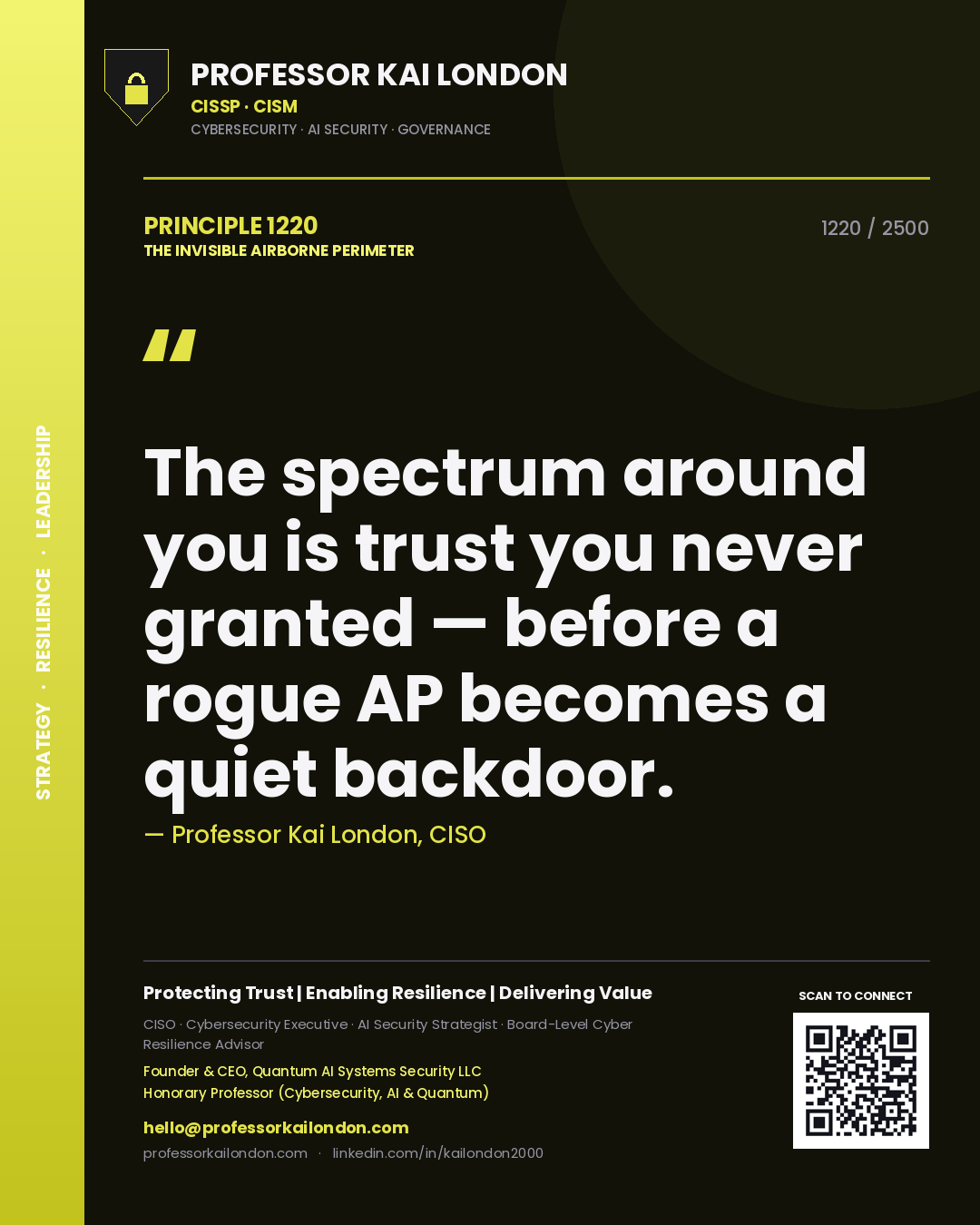 Quote card by Professor Kai London reading 'The spectrum around you is trust you never granted — before a rogue AP becomes a quiet backdoor.'. From the book The Invisible Airborne Perimeter.