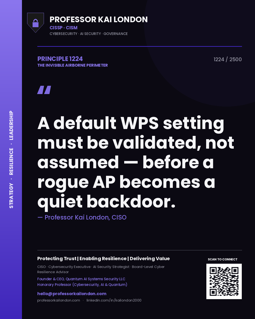 Quote card by Professor Kai London reading 'A default WPS setting must be validated, not assumed — before a rogue AP becomes a quiet backdoor.'. From the book The Invisible Airborne Perimeter.