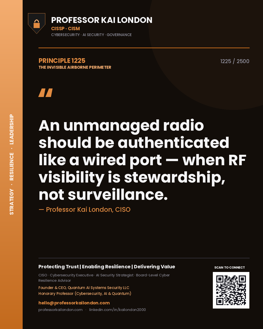 Quote card by Professor Kai London reading 'An unmanaged radio should be authenticated like a wired port — when RF visibility is stewardship, not surveillance.'. From the book The Invisible Airborne Perimeter.