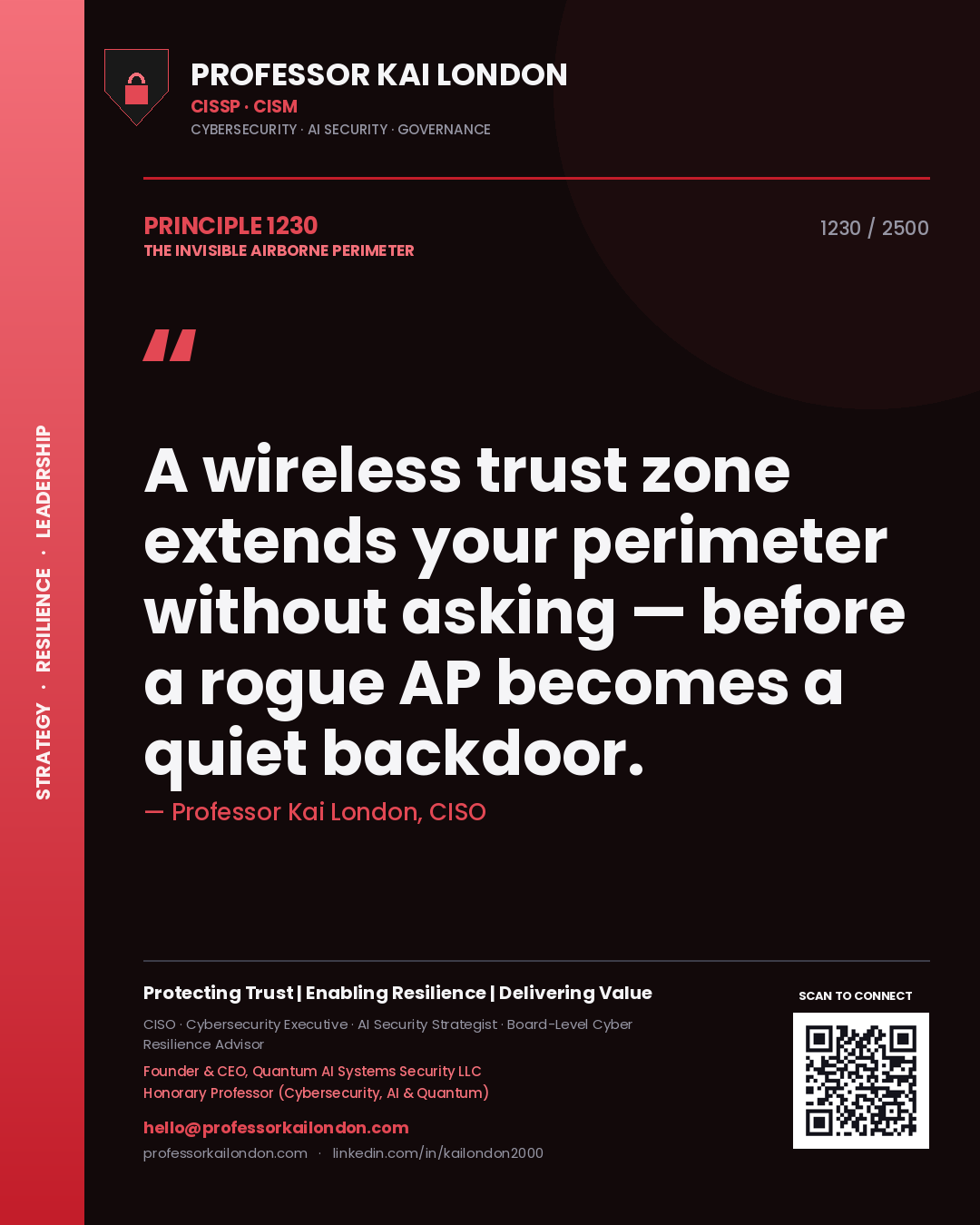 Professor Kai London principle 1230: A wireless trust zone extends your perimeter without asking — before a rogue AP becomes a quiet backdoor.