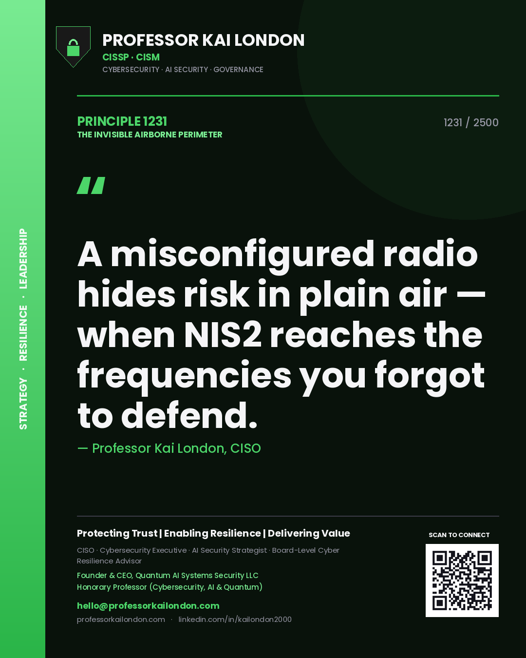 Quote card by Professor Kai London reading 'A misconfigured radio hides risk in plain air — when NIS2 reaches the frequencies you forgot to defend.'. From the book The Invisible Airborne Perimeter.