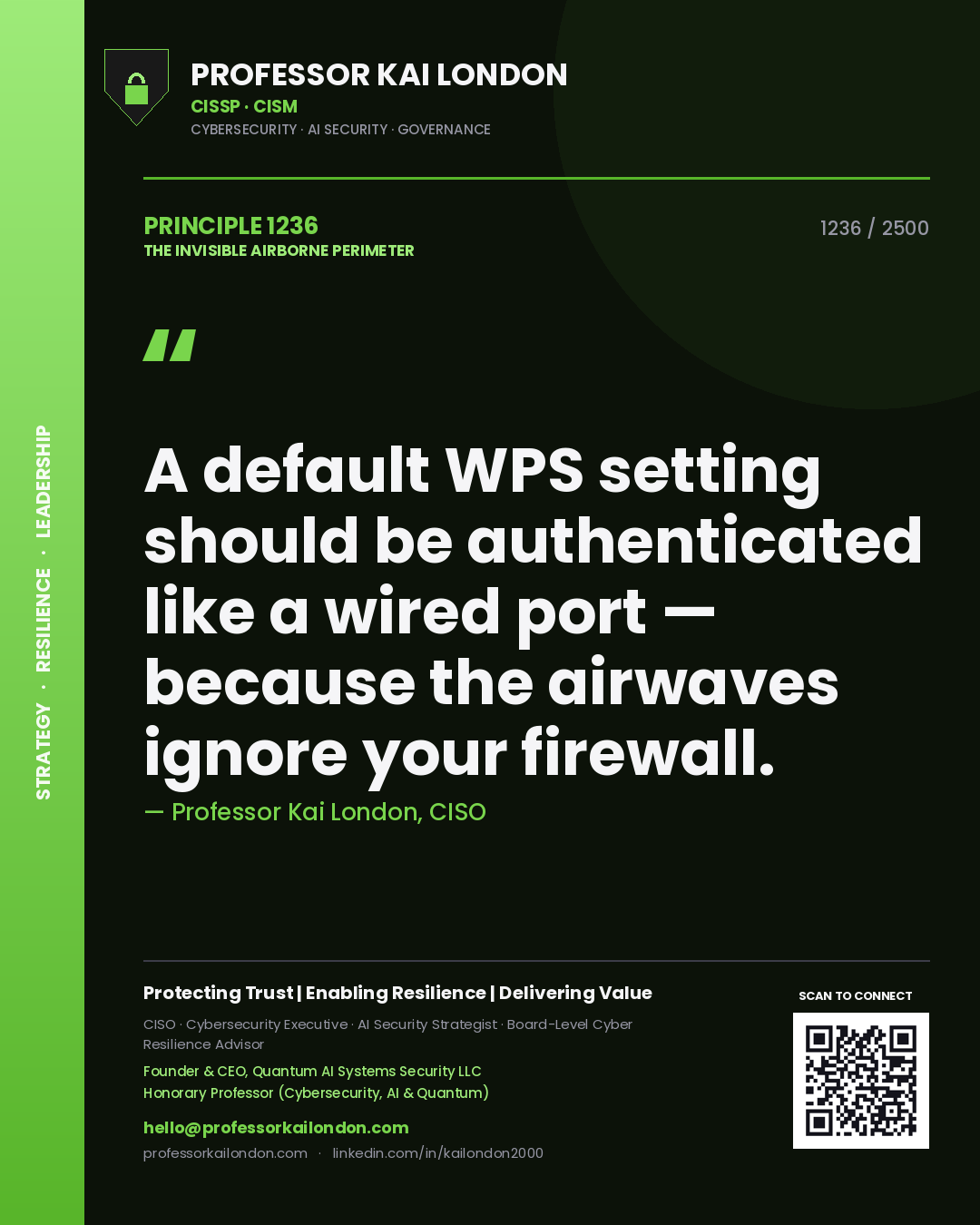 Quote card by Professor Kai London reading 'A default WPS setting should be authenticated like a wired port — because the airwaves ignore your firewall.'. From the book The Invisible Airborne Perimeter.